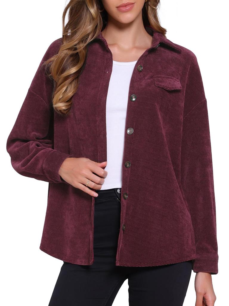 Allegra K Women's Corduroy Jacket, Button-Down Long Sleeve Oversized Casual Shirt, Burgundy, Size M