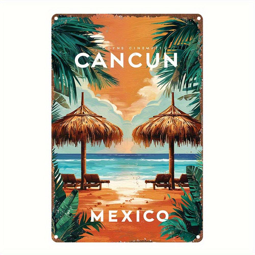 Vintage Tropical Beach Wall Art Poster Cancun Mexico Travel Decor with Trees Ocean Lightweight Aluminum Metal Sign