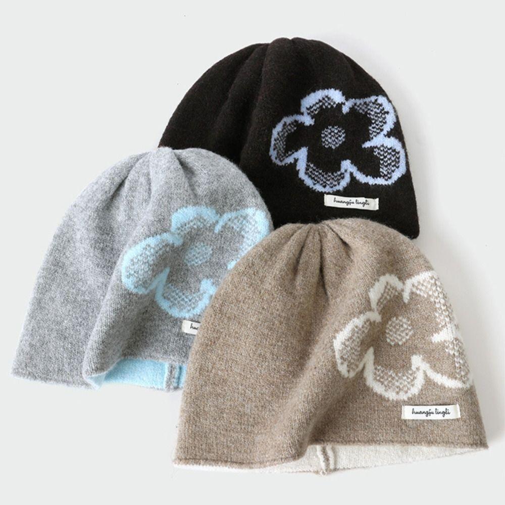 Wool Flower Jacquard Knitted Hat Printed Ear Protection Hat Cute Printing Knit Cap Winter