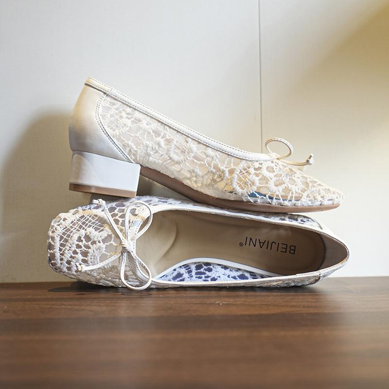 

Soft-soled one-pedal ballet shoes, women s shallow-mouth ladyshoes, mesh shoes, breathable thick-heeled single shoes, spring and autumn 39