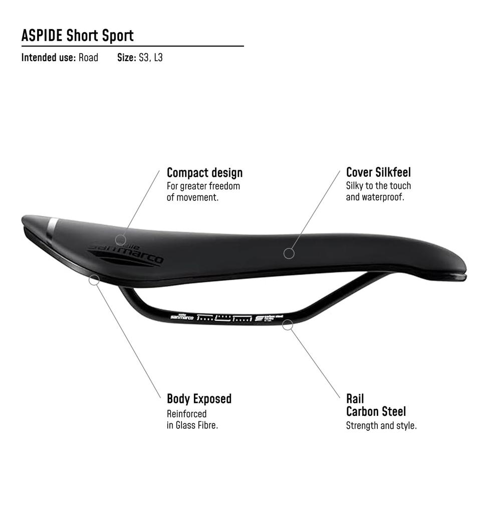 Selle San Marco Aspide Short Sport Narrow Bicycle Size Narrow S3 W 139 X L 250 Mm Saddle, – (911CN401)