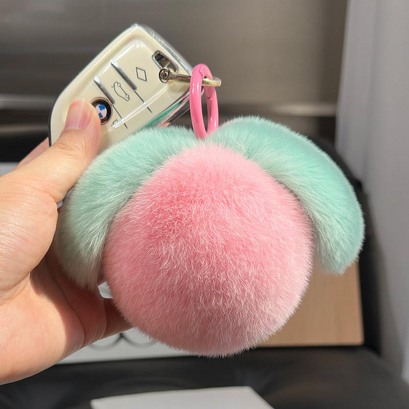Cute Flurry Peach Keychain Luxury Real Rabbit Fur Keyring Pendant Pom Pom Ball Key Chain Bag Charms For Handbags Birthday Gift