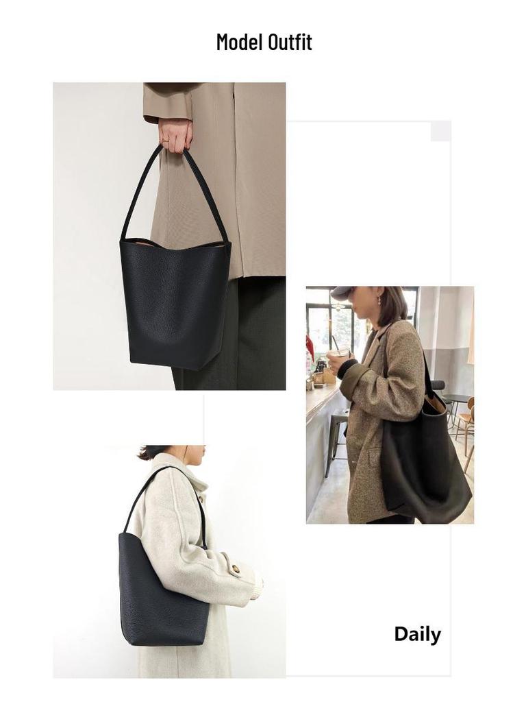 Genuine Leather Women's Bucket Tote - Large Capacity Soft Leather Handbag for Daily Commute