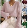 Autumn 2025 Solid Color V-Neck Lantern Sleeve Women's Pullover Sweater