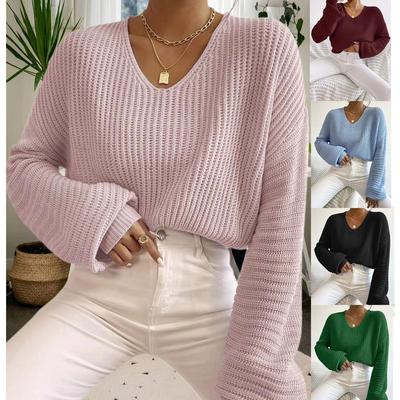 Herfst 2025 Effen Kleur V-Hals Lantaarnmouw Dames Pullover Trui