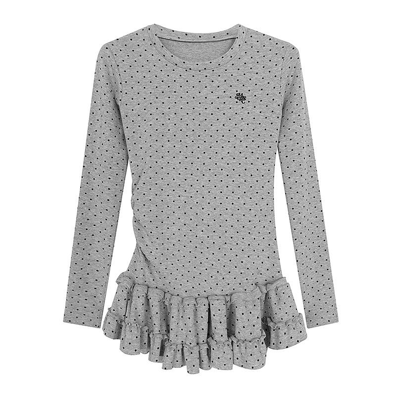 Korean Sweet Polka Dot Patchwork Skirt Hem Long Sleeve Women's Autumn/Winter Slimming Base Top