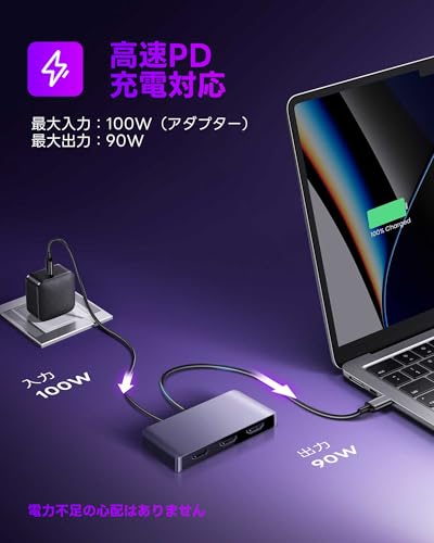 Avedio Links USB C To HDMI Adapter, 4K@60Hz HDMI Splitter with Extended Mode (MST/ABCD), 100W PD Charging Port, 4-Screen Display Hub, 3-Port Output, 4