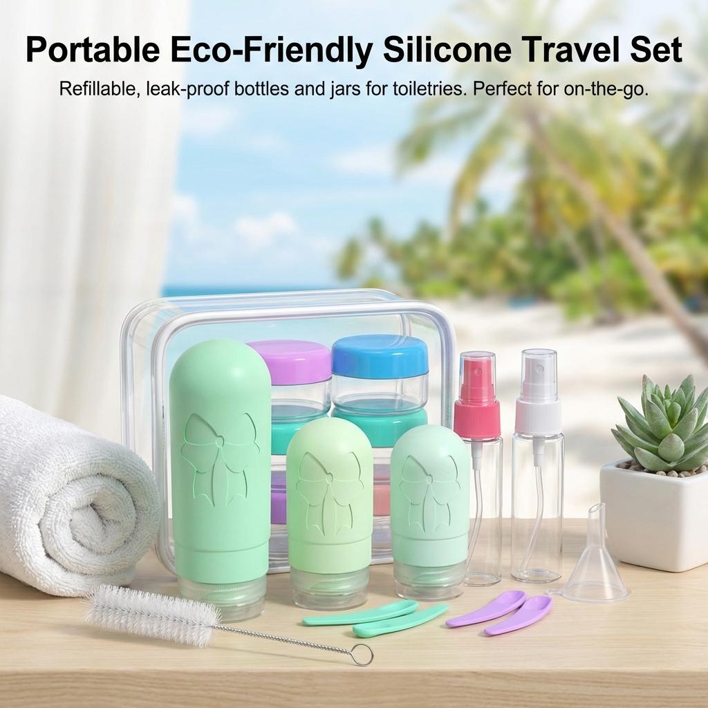Silicone Travel Bottles Set 17Pcs Portable Reusable Refillable Bottles Shampoo Shower Gel Lotion Leakproof Containers