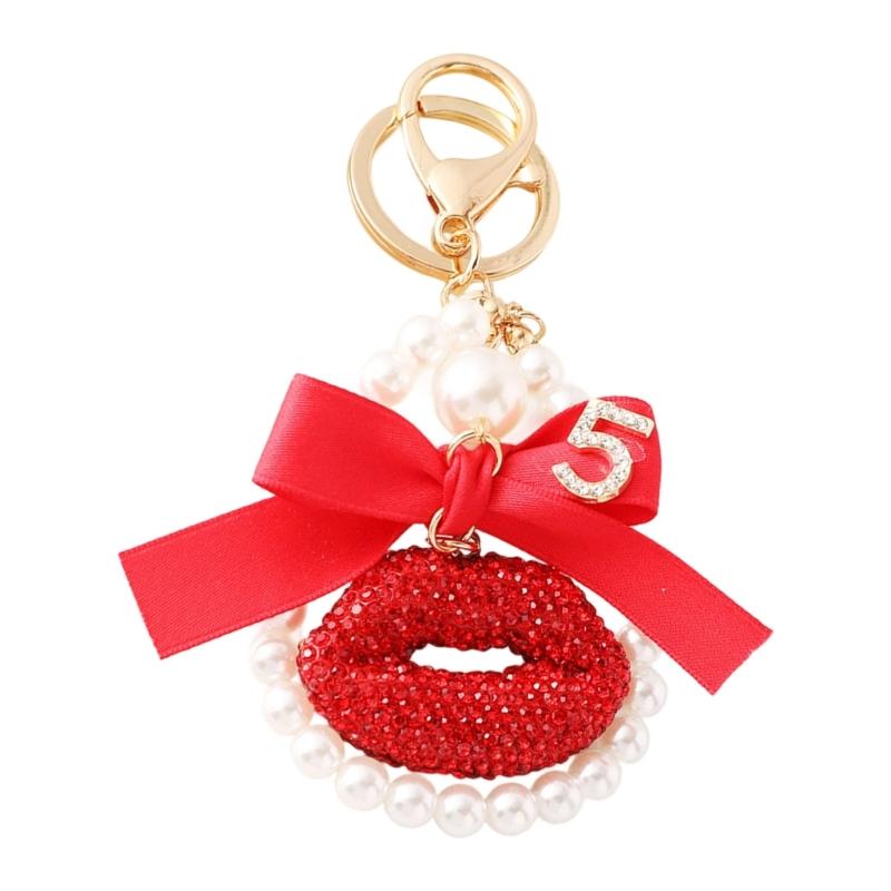 Trendy Lip Shape Keyring Sparkling Rhinestoned Bowknot Charm Ornament Stylish Alloy Accessory Perfect Gift Choice красный