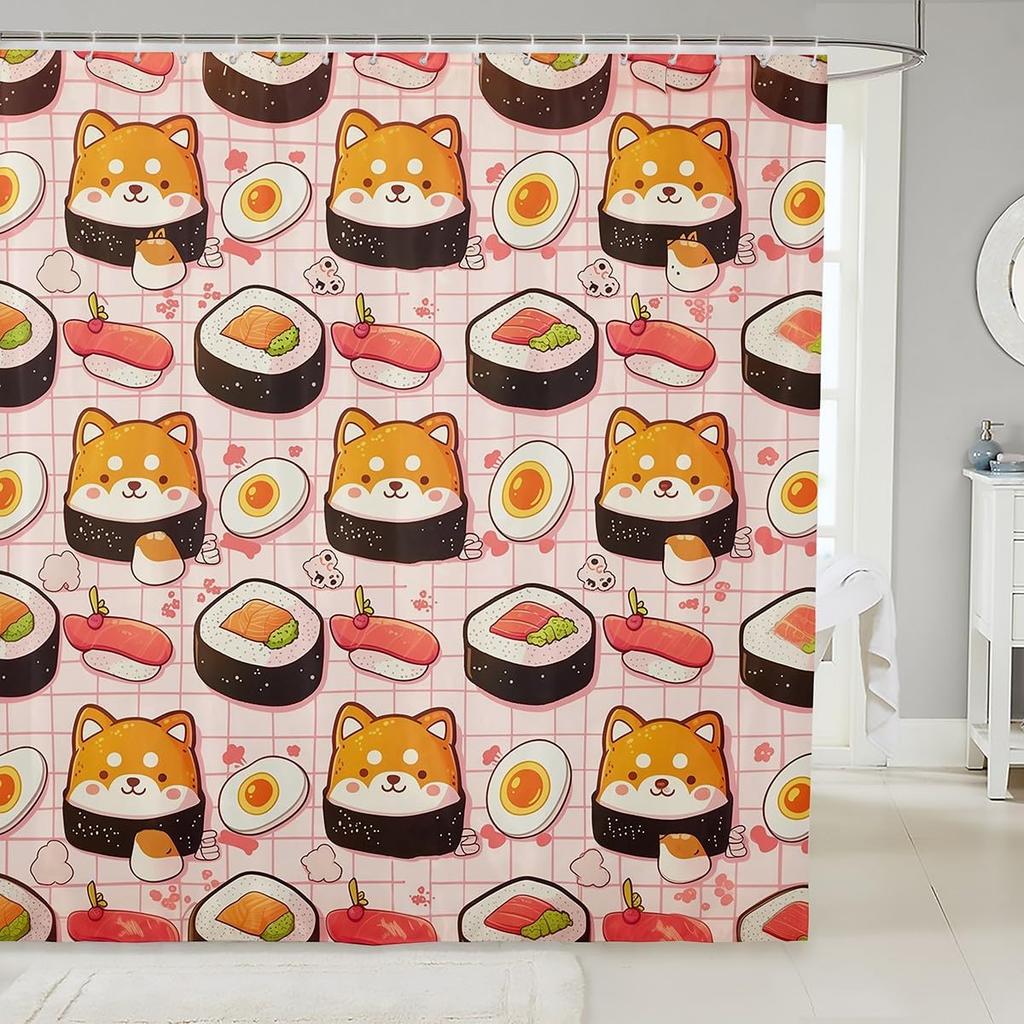 Ramen Noodle Shower Curtain Set Bathroom Decor for Kids Girls Boys,Japanese Style Bathroom Set Funny Food Fabric Shower Curtain