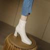 White Velvet-Lined Square Toe Chunky Heel Ankle Boots for Women - Trendy Slimming French Leather High Heels