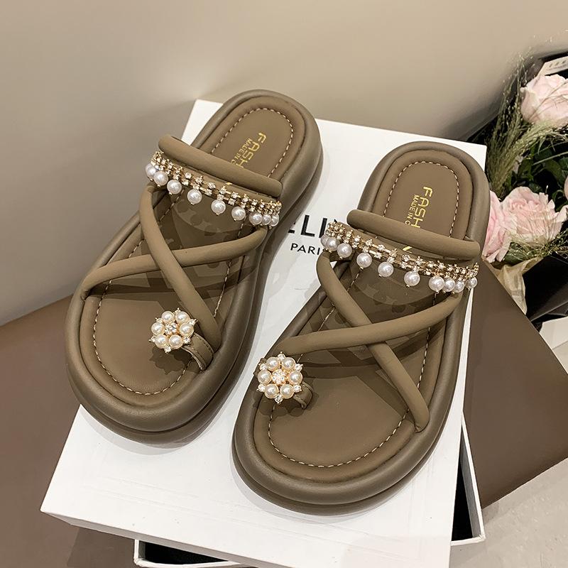 

2025 summer new retro toe muffin cross chain pearl beach thick bottom cool slippers women 40 коричневый