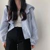Korean Chic Autumn Fashion Vertical Stripes Contrasting Color Hooded Buckle Casual Short Jacket Women