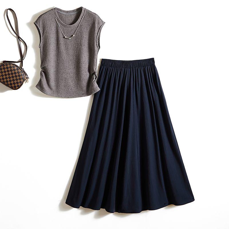 

Chinese Fashion Two-piece Set! Women s Summer Shoulder Sleeve round Neck Knitting Sweater T-shirt + Cotton Skirt Overknee Skirt Grey 4XL