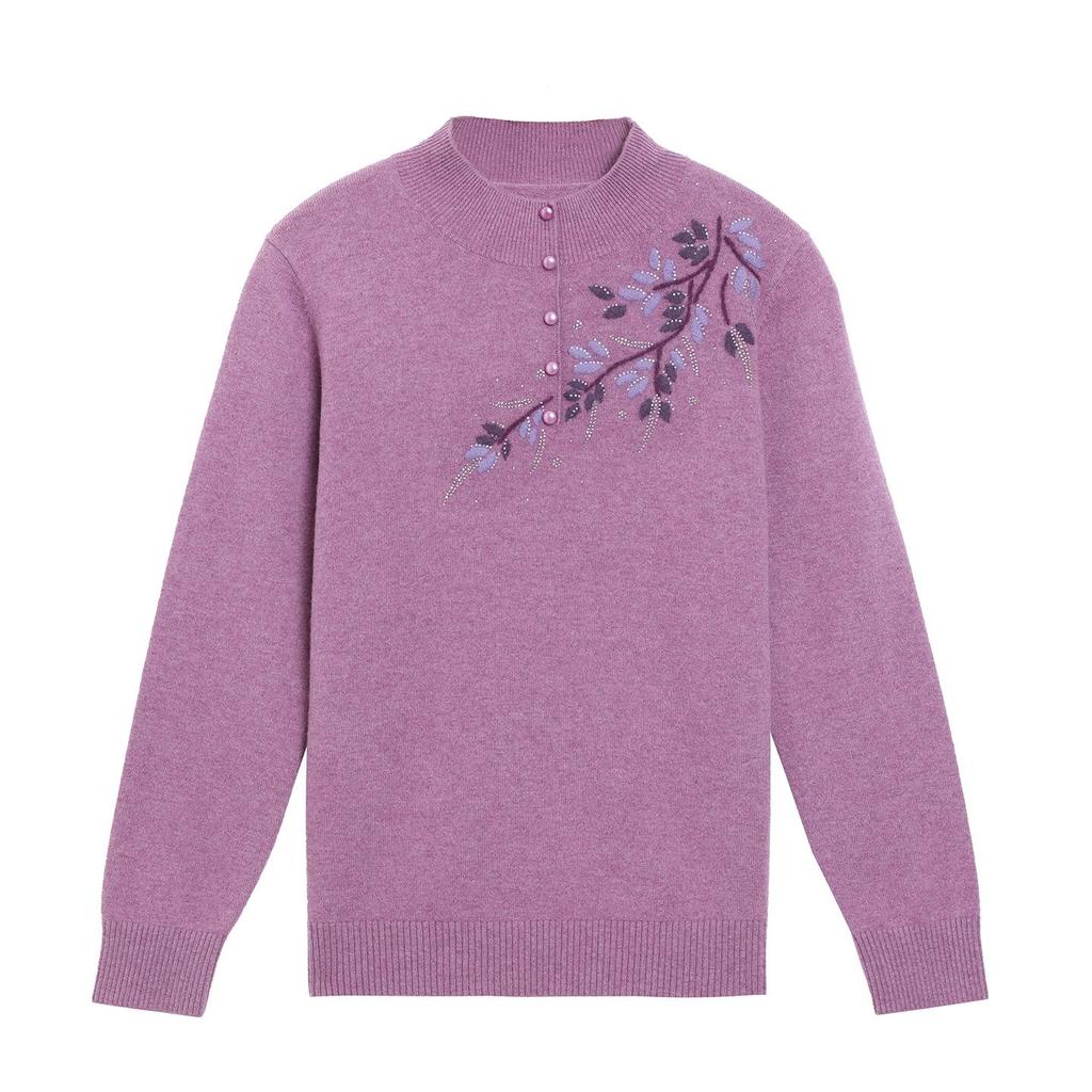 Women's Plus Size Pure Wool Embroidered Sweater - Autumn/Winter Base Layer with Half-high Collar, Perfect for Middle-aged and Elderly Moms.