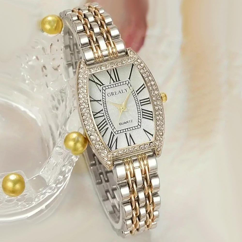 Luxus Damen-Armbanduhr mit Strass-Fass-Zifferblatt und römischen Ziffern - Modisch und lässig