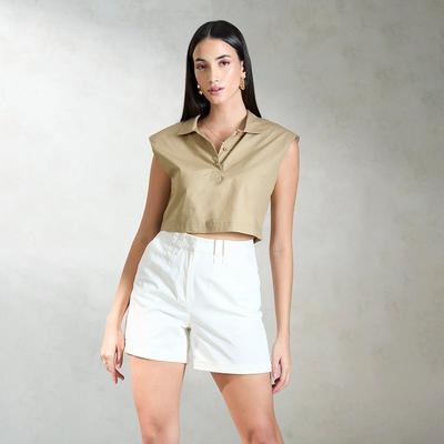 Virgio Women Crop Length Shoulder Padded Regular Fit Shirt Collar Top