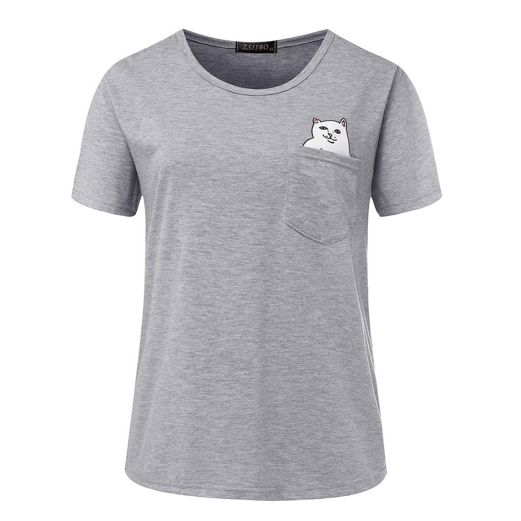 T-shirt Casual in Puro Cotone da Uomo con Stampa Gatto Cartone Animato Estate