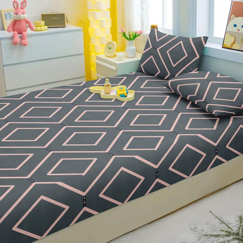 Simple 3-Piece Modern Geometry Pattern Matte Three Piece Fitted Sheet Set, Bedroom Printed Bed Cover Set, Bedding