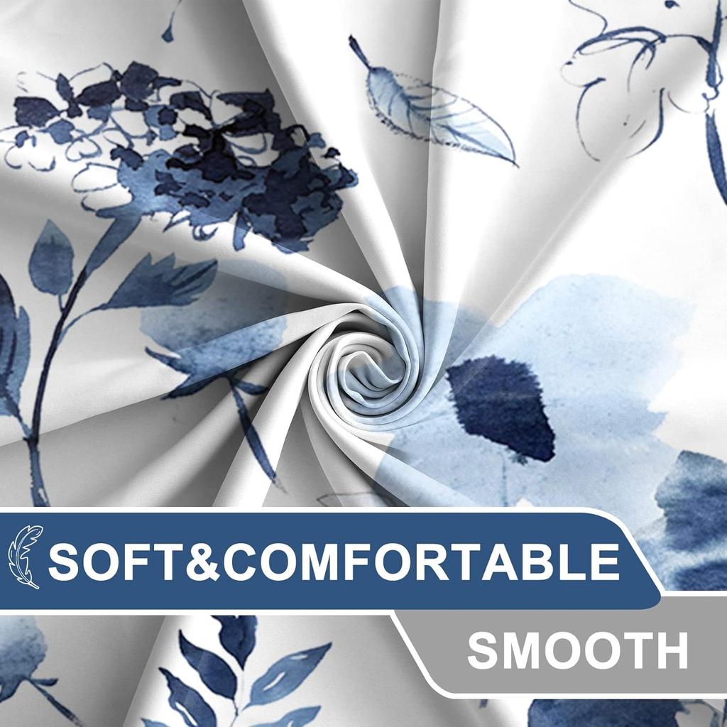 Blue Watercolor Floral Shower Curtain, Ink Flowers Botanical Bathroom Decor, Waterproof Fabric with Hooks
