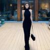 French retro temperament socialite dress women's sexy black waist slim and thin neck hip long dress children