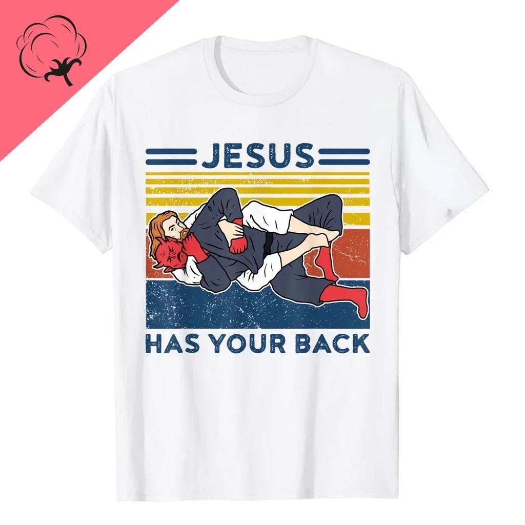 New Men's Jesus Has Your Back Graphic T-shirt Judo Jujitsu Street Cotton Tees Tops Harajuku Pattern Short Sleeve Retro T-shirt