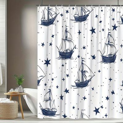 1pc Nautical Star Pattern Shower Curtain, 70. 8x70. 8 Inches, Polyester Fabric, Bathroom Decor, Includes 12 Hooks