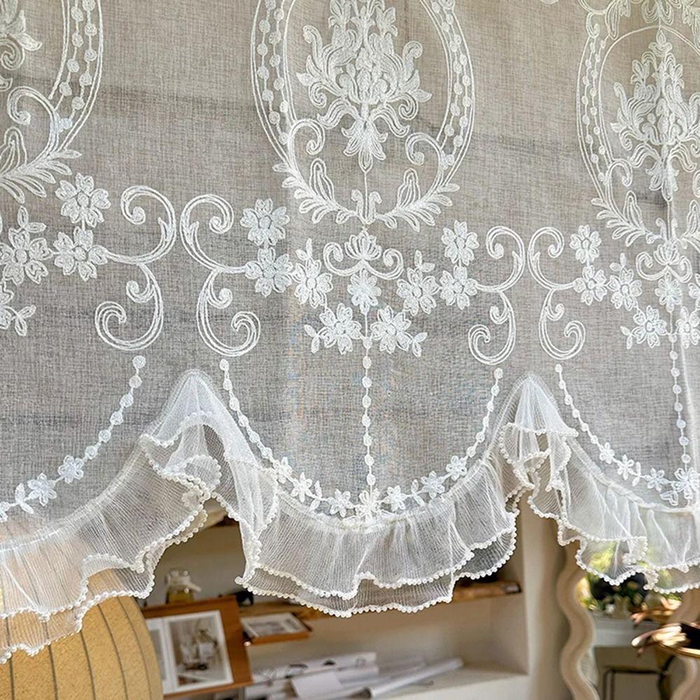 Wavy Edge Ruffled Lace Short Sheer Curtain Floral Short Tulle Drapery  Door