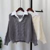 Polo Collar Fake Two-piece Knitted Sweater Top Autumn and Winter New Loose and Thin Design Sweater Pullover Woman