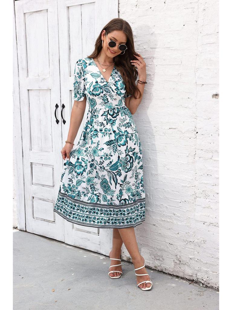 2023 Summer Stand-Up Collar Puff Sleeve Dress with All-Over Print