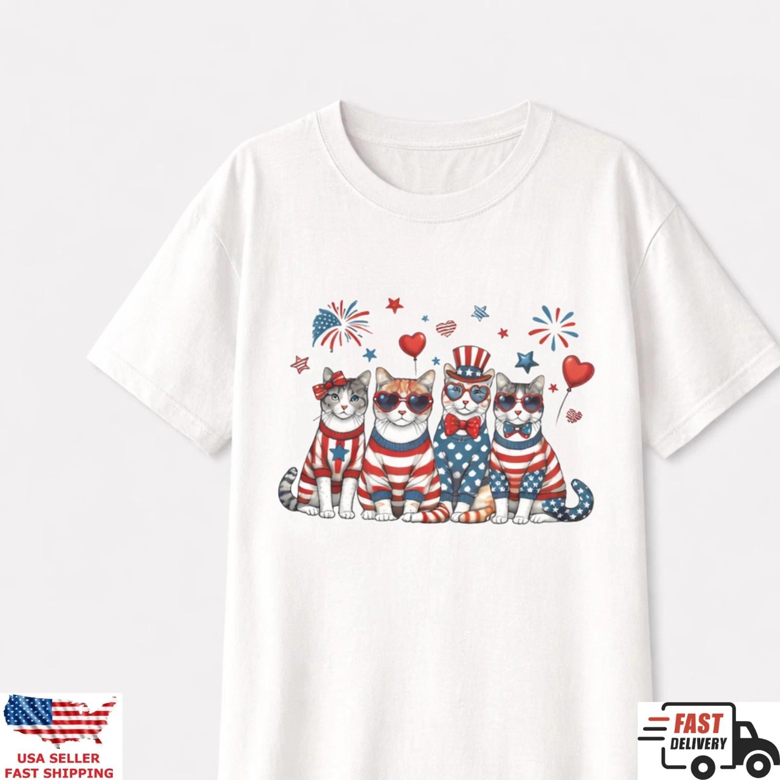 Cute Patriotic Cats Shirt USA Flag 4th July Cat Lover Graphic Tee Gift S
