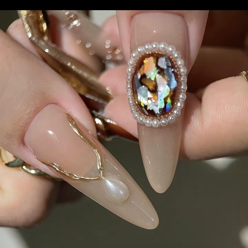 100% HANDMADE Almond Stiletto Fake Nail Art Pointed Water Droplet Shaped Miscellaneous Gemstone Baroque High-End Bridal Phototherapy Nails Reusable