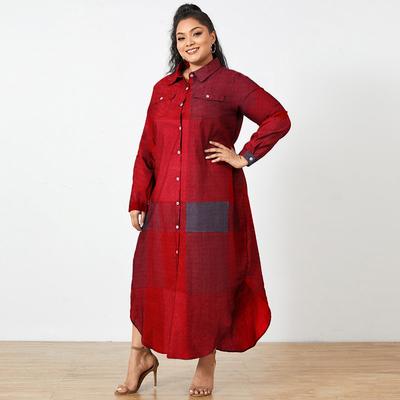 Women Vintage Long Sleeve Turn-down Collar Loose Lattice Printed Long Dress