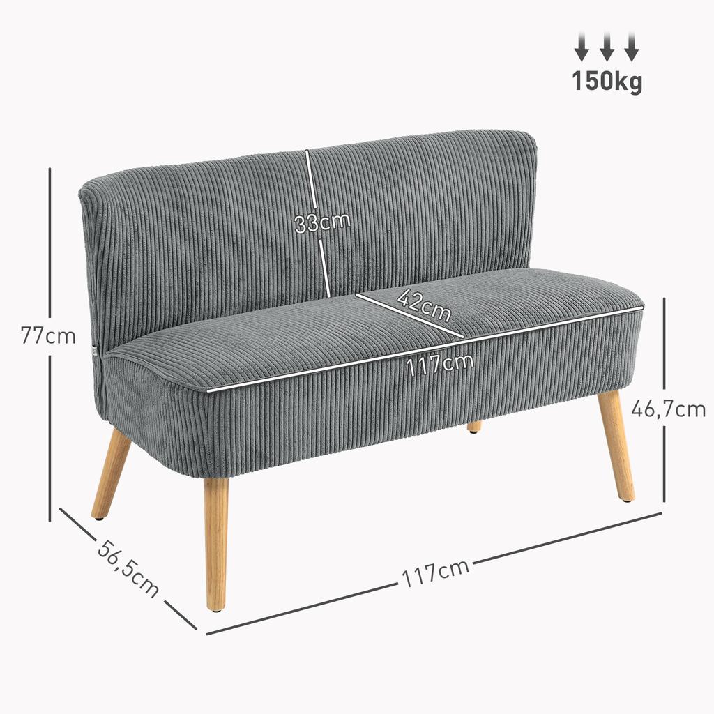 2-Seater Upholstered Sofa, Wood, Velvet-Like Polyester, Foam, 117 x 56.5 x 77 cm, Grey