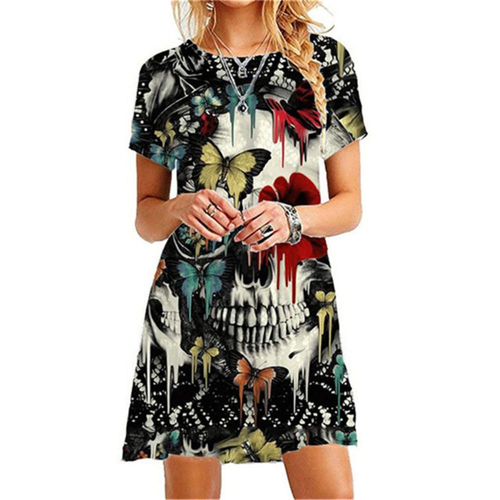 Sexy Slim Women's Dress Short Sleeve Skull Digital 3D Print Fashion V-Neck Women Clothes Summer Solid Color Casual A-line Dress