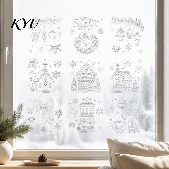 Reusable Gingerbread House Window Clings 9Pcs Christmas Clings, Static Glass Stickers, White Line Hand-Painted Decals for Holiday Home Decorations,