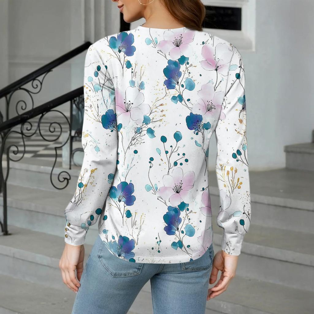 Women's Tops Long Sleeve Cuffs Button-Up Shirt V-Neck Casual Loose Tee Floral Tops