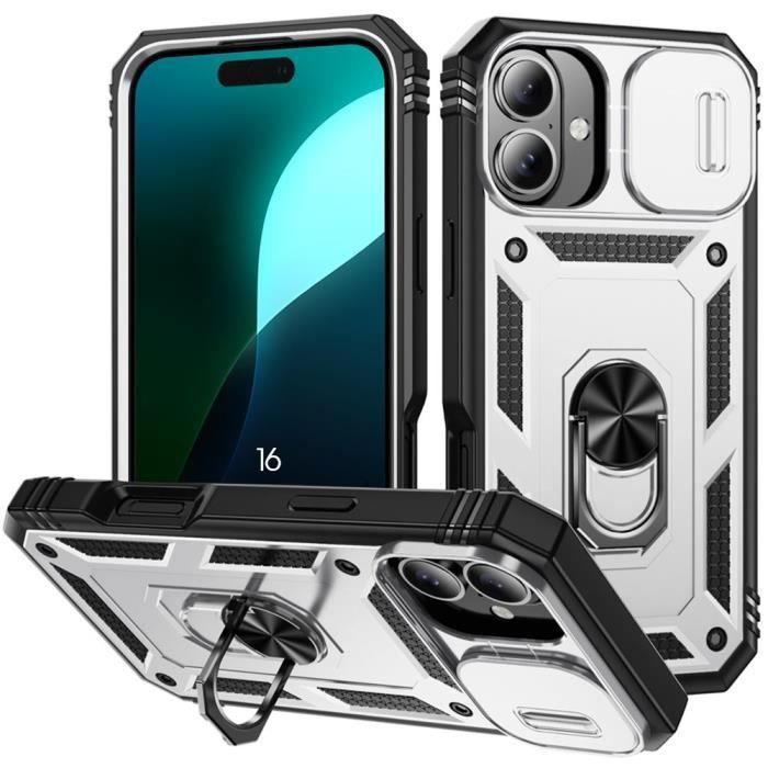Coque de protection - Antichoc - pour iPhone 16 - Argenté - Rigide - Protège-caméra coulissant