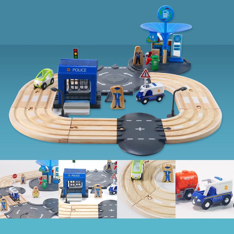 Wooden Electric Train Track & Car Building Blocks Set for Kids