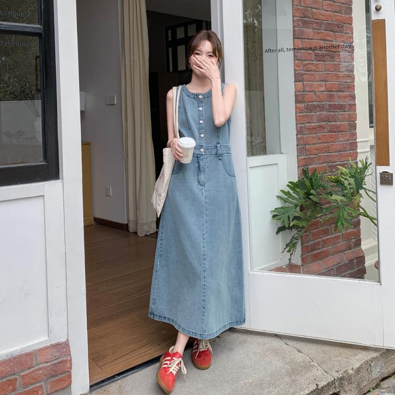 Rochie din denim albastru pentru femei, vară, nouă, retro, simplă, casual, leneșă, fără mâneci, fustă tip vestă