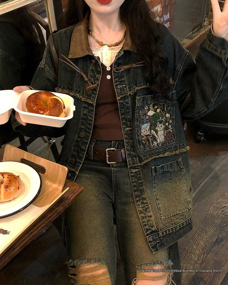 2025 Playful Green Embroidered Denim Jacket - Spring/Autumn Retro Style | Free Shipping