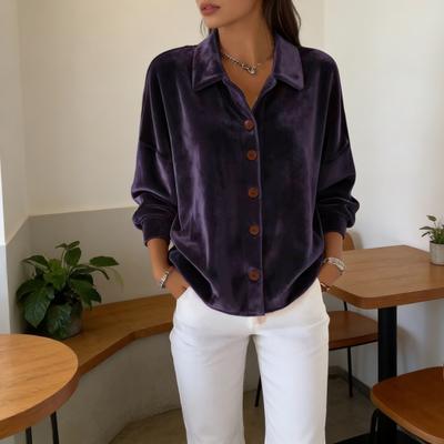 Yousheng Women Shirt Lapel Long Sleeve Velvet Texture Solid Color Shirt Tops Loose Fit Buttons Placket Commuter Tops Work Wear