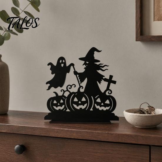 Talos Witch Wooden Table Centerpiece, Spooky Castle Black Cat Standing Tabletop Ornament for Halloween Party, Desk Tiered Tray Decor