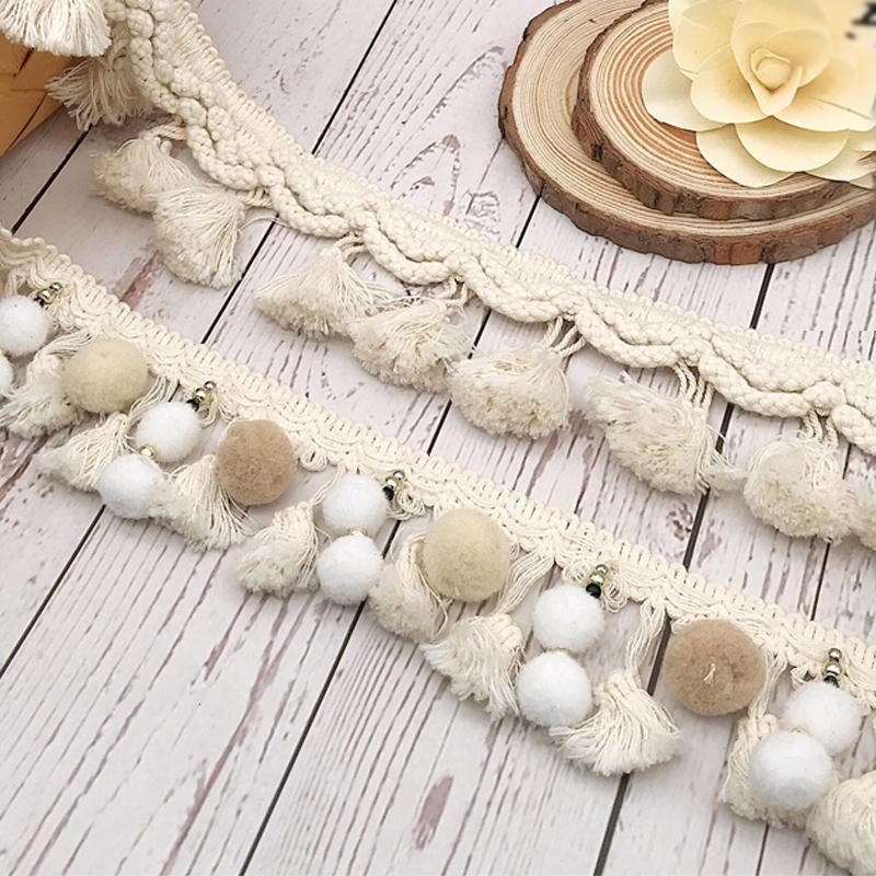 1 Yard White Cotton Tassel Lace Trim Webbing Fabric Handmade Beaded Ball Diy Curtain Clothing Sewing Craft Accessory