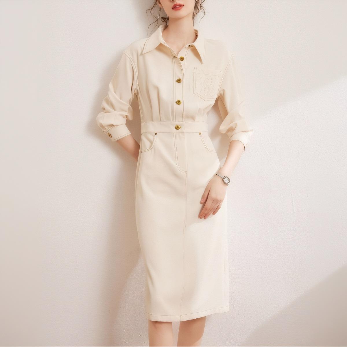 

Весна и лето Новое контрастное цветное яркое платье с отделкой по фигуре Модное повседневное женское длинное платье с отворотом и длинным рукавом с разрезами по краям XL абрикосовый