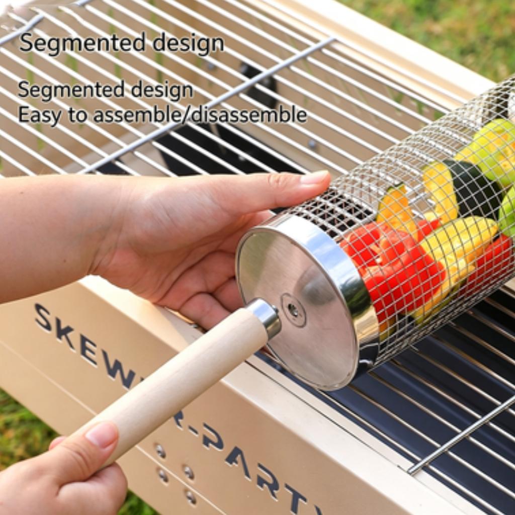 Panier à Grillades Rond Rotatif Portable d'Extérieur avec Poignée en Bois Maille d'Acier Inoxydable Outil de Cuisson Barbecue pour Camping Pique-nique