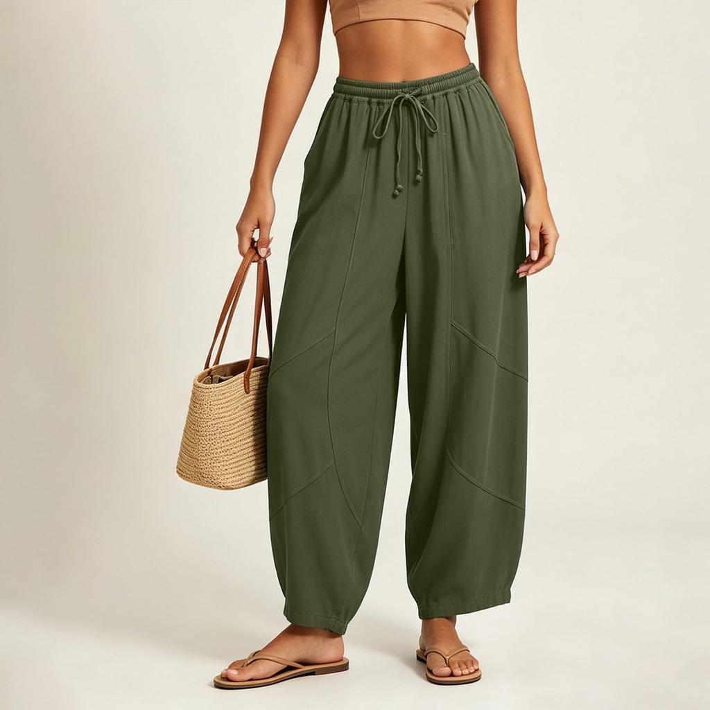 Women's Color Elastic Waist Drawstring Pants with Pockets, Casual Pants
