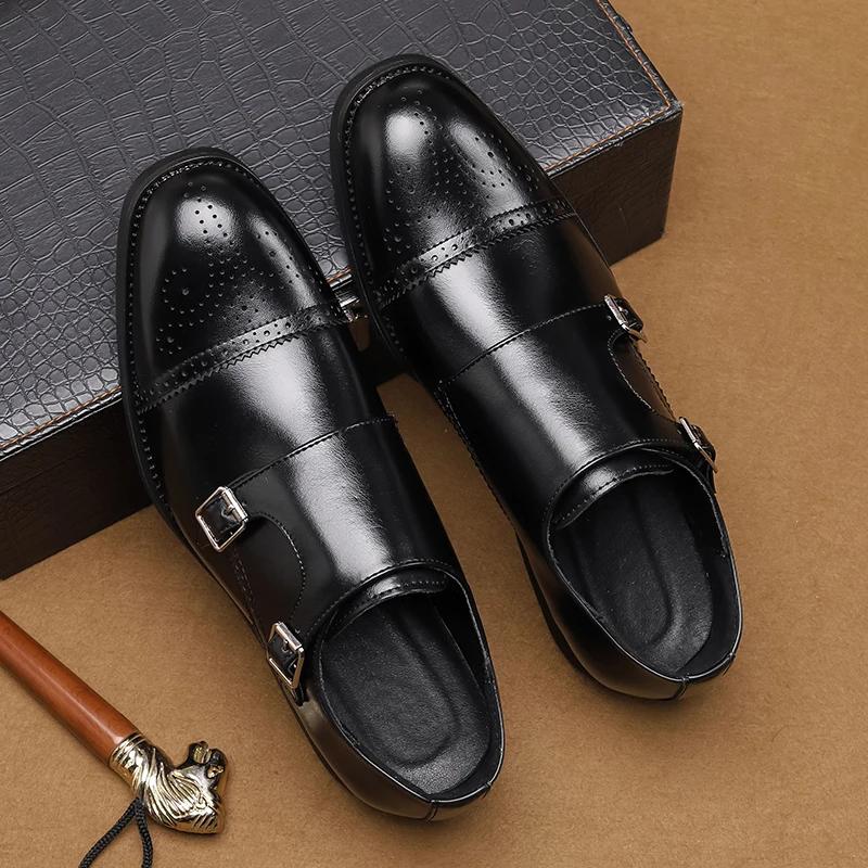 2024 Men's Black Low Top Leather Shoes Classic Double Buckle Fashionable Business Banquet Party Brown Pointed Leather Shoes