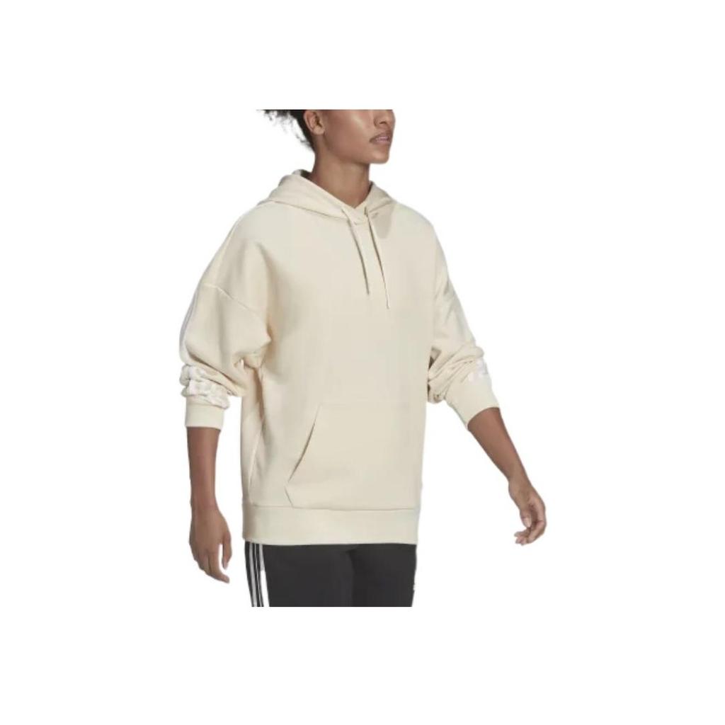 Adidas SS22 Striped Print Logo Hoodie Women Sweatshirt Beige HC1636