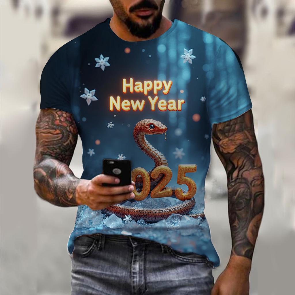 T-shirt décontracté à manches courtes pour homme imprimé 3D Année du Serpent du Nouvel An 2025 Confortable Respirant Imprimé Rétro